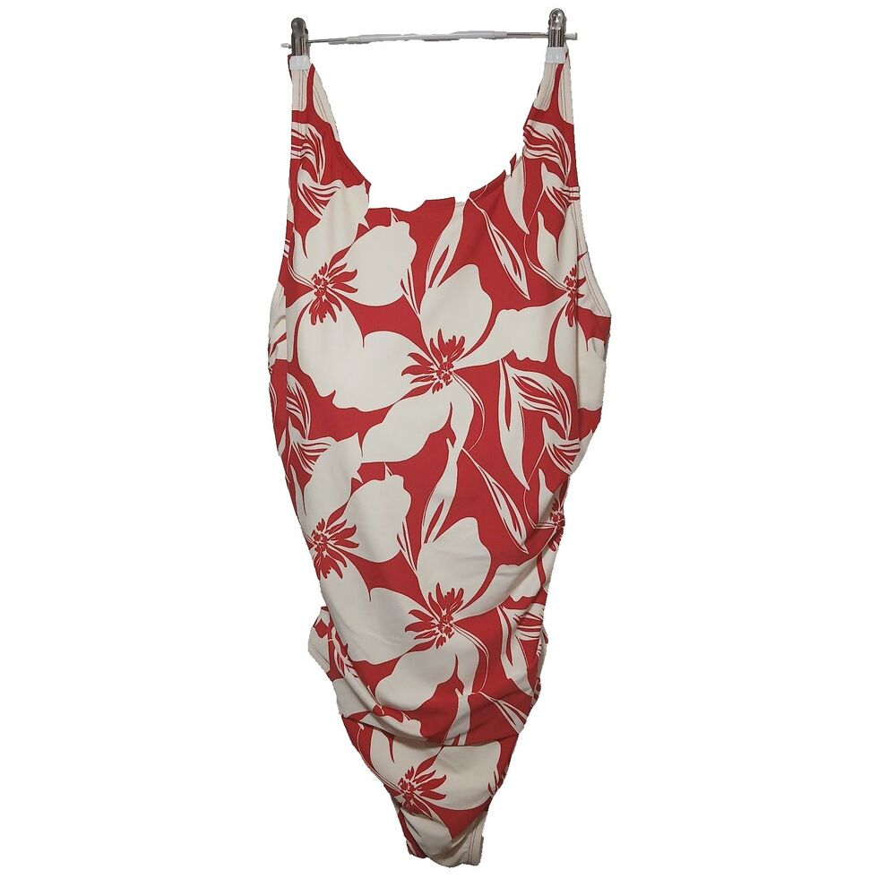 Shade & Shore 1 Piece Swimsuit Women 22 Cream Red Floral Criss Cross Back #969
